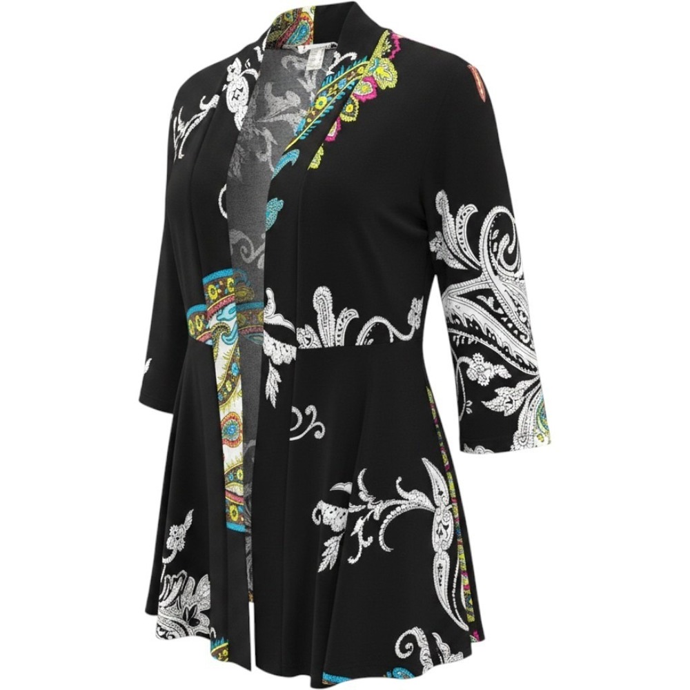 Joseph Ribkoff Womens 8 Black Paisley Open Front Kimono Cardigan Peplum